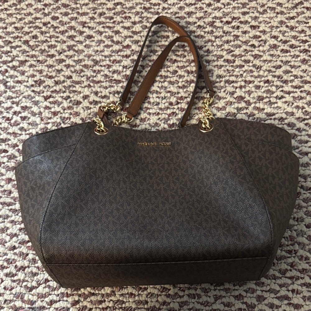 Michael Kors Brown Monogram Tote with Gold Hardware
